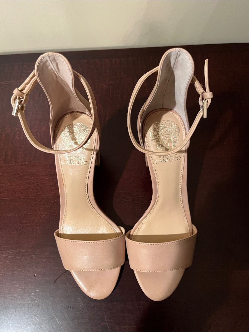 Vince Camuto Nude Beige Ankle Strap Block Heel Sandals